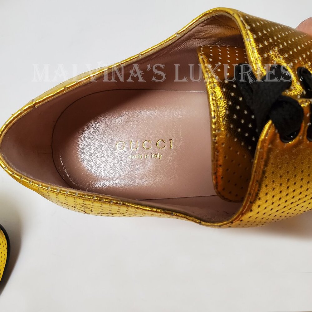 GUCCI SHOES OTIS GOLD LEATHER PLATFORM LACE UP PUMPS sz 39.5 9.5 US - Picture 10 of 15